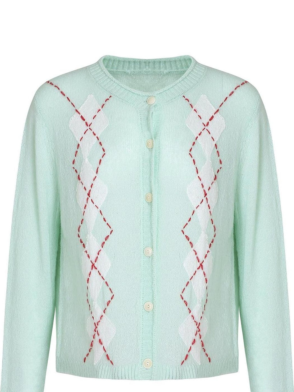 fano Warm Wool Blend Diamond Loose Fit Commuter Round Neck Mint Cardigans
