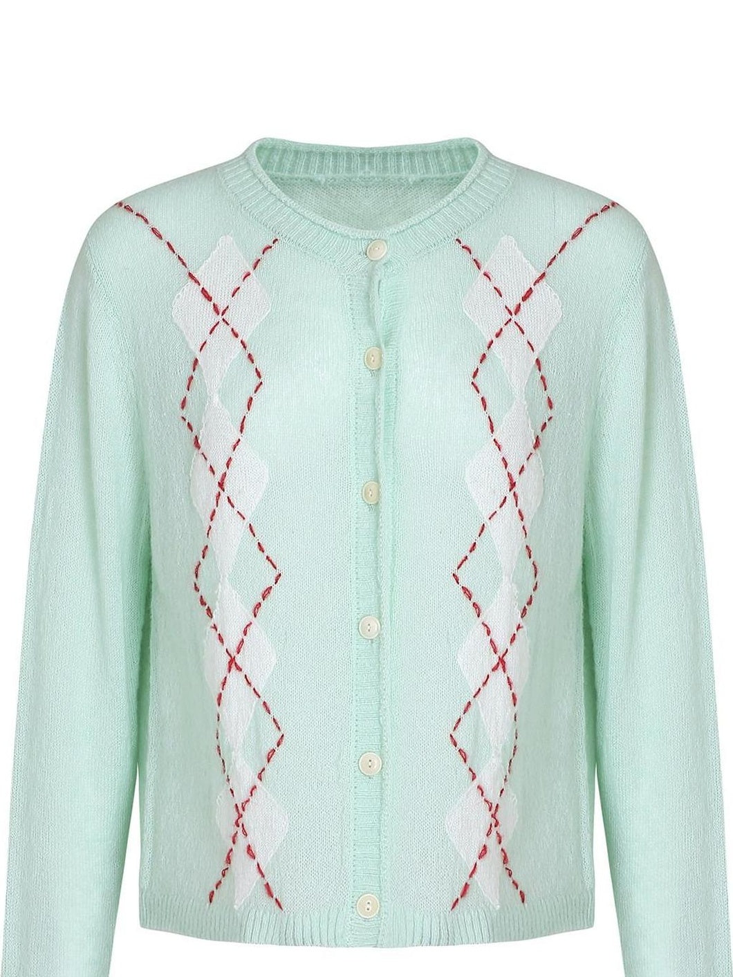 fano Warm Wool Blend Diamond Loose Fit Commuter Round Neck Mint Cardigans