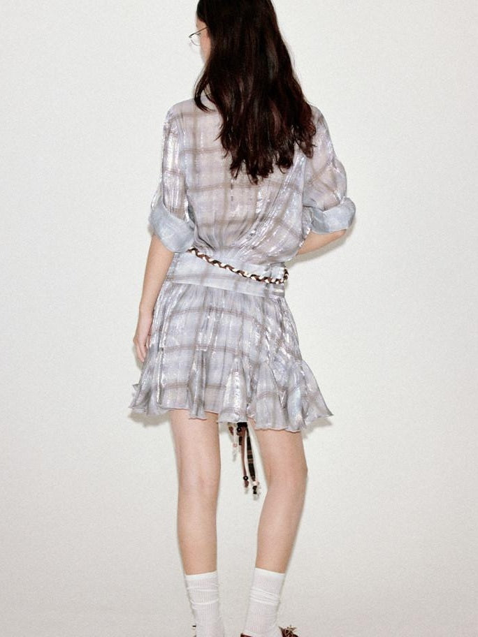 fano Plaid Korean Workwear A Line Natural Waist Mid Sleeve Khaki Midi Dresses