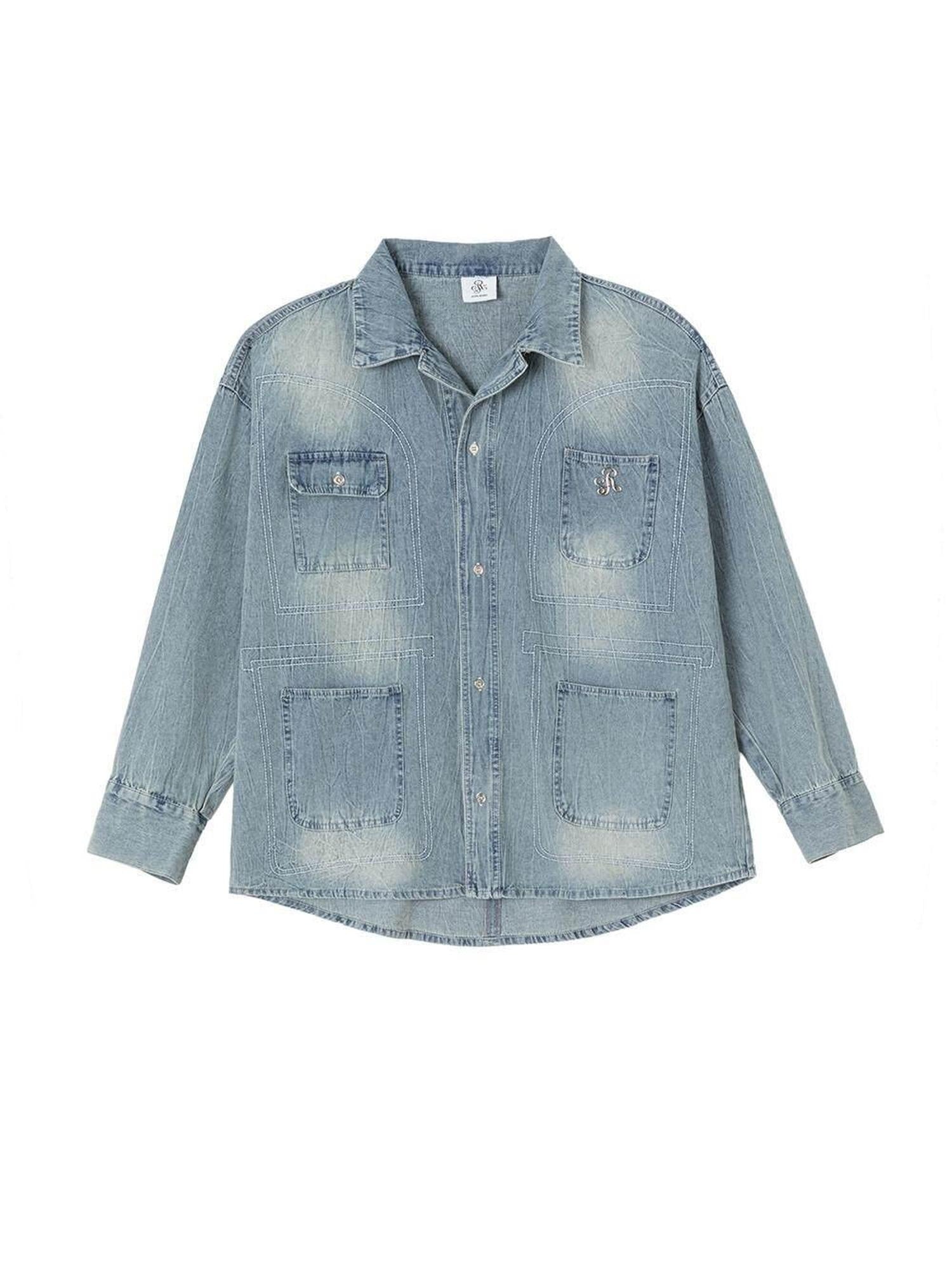 ikyou Shape Retaining Vintage Loose 3D Detail Women Midlength Blue Denim Jackets
