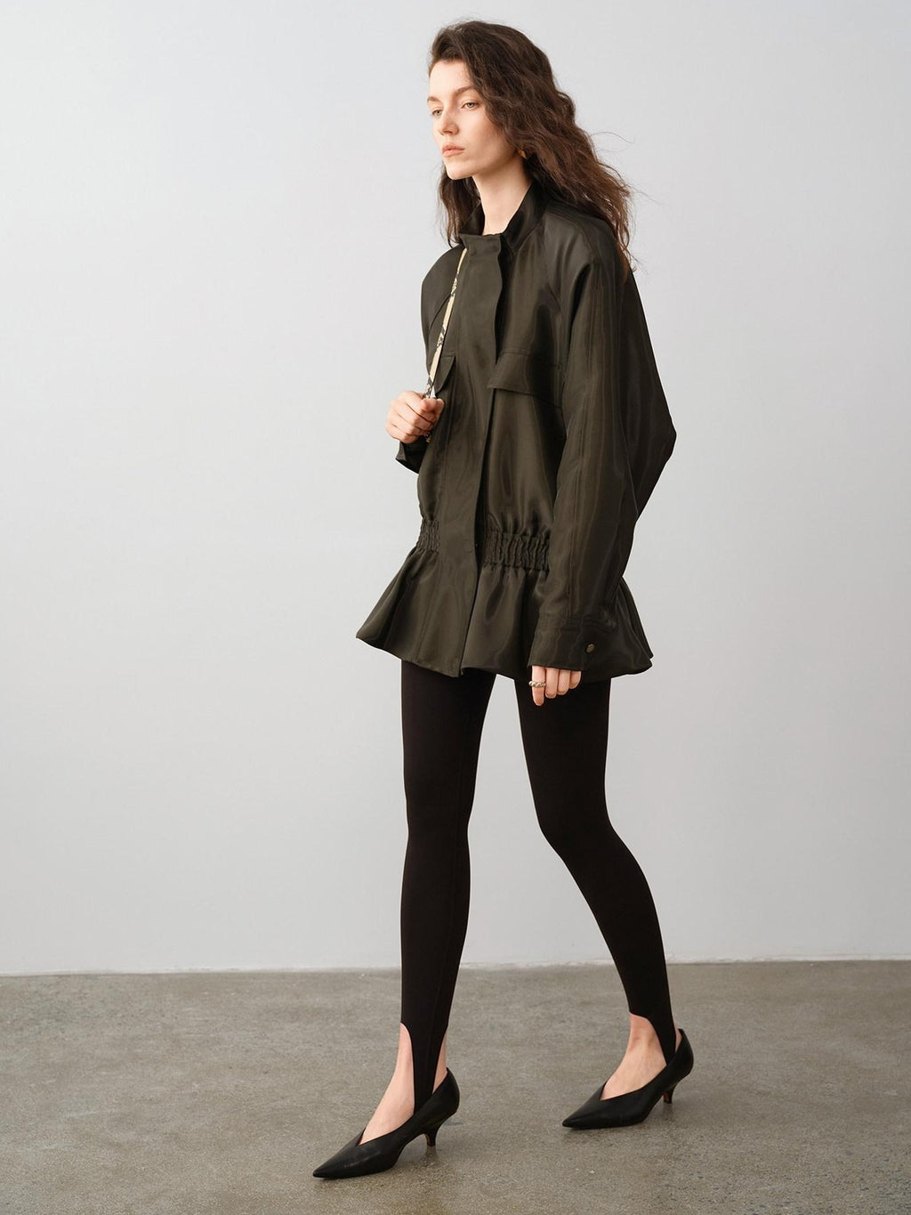 audreyyang Drawstring Techwear Loose Fit Womens Long Sleeve Button Cropped Jackets