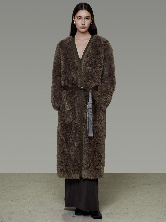 unspoken Warm Belted V-neck Loose Fit Commuter Women Brown Gray Long Coats
