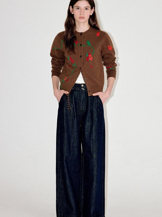 fano Soft Acrylic Blend Oversized Round Neck Single Row Button Women Brown Cardigans