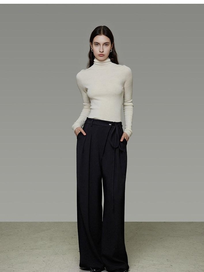 unspoken High Waist Tie Detail Minimalist Breathable Office Black Polyester Wide Leg Pants
