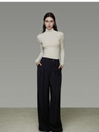 unspoken High Waist Tie Detail Minimalist Breathable Office Black Polyester Wide Leg Pants