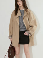 fano Khaki Loose Fit Single Breasted Mid Length Korean Casual Women Trench Coats