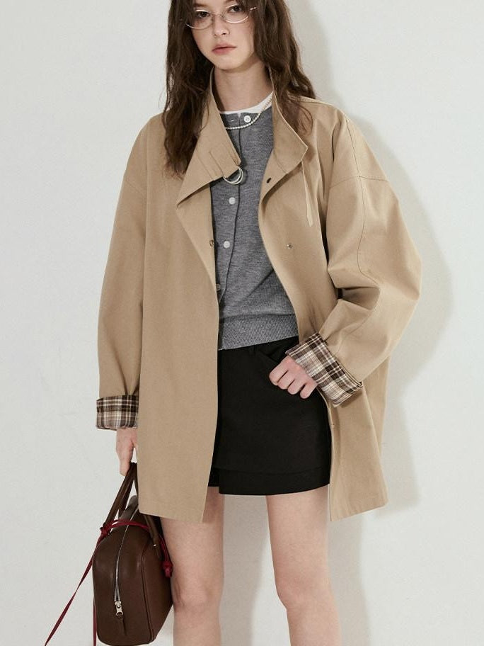 fano Khaki Loose Fit Single Breasted Mid Length Korean Casual Women Trench Coats