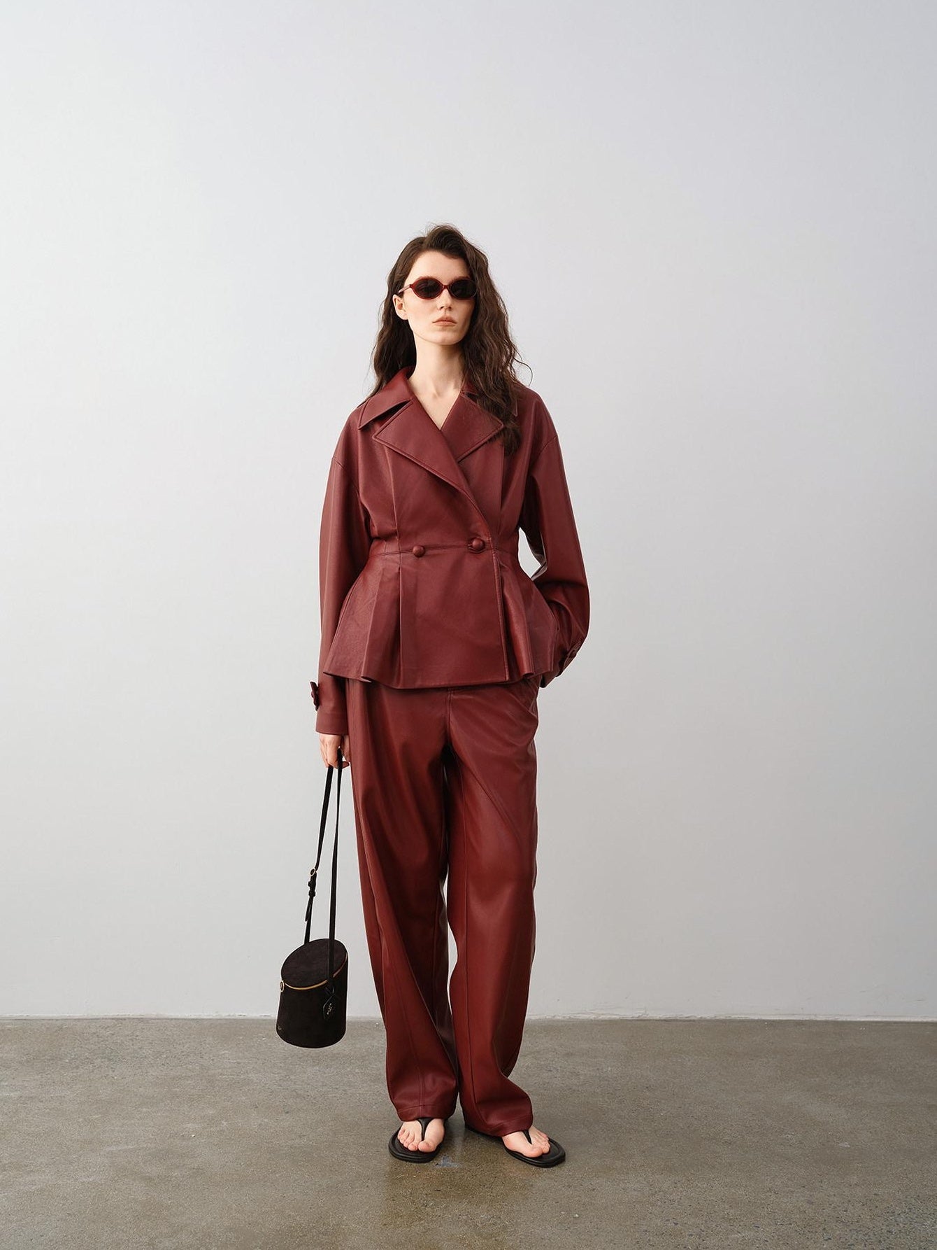 audreyyang 100 Percent Polyester Loose Fit Burgundy Women Wide Leg Pants