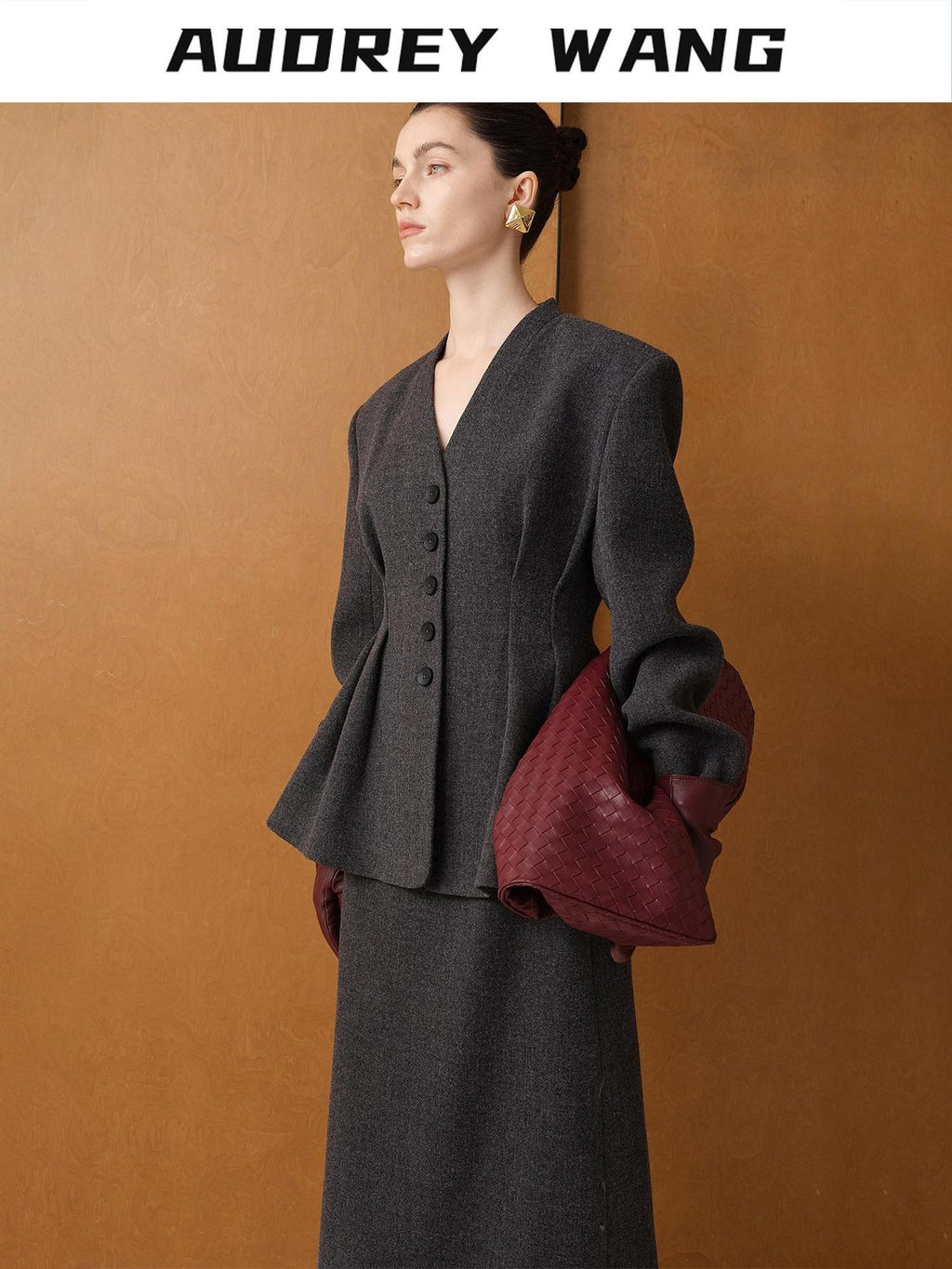 audreyyang Waist Cinch Slim Casual V-neck Single Breasted Women Office Black Wool Coats
