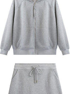 fano Hooded Zip Cotton Blend Loose Fit Minimalist Commuter Gray Top & Skirt Sets