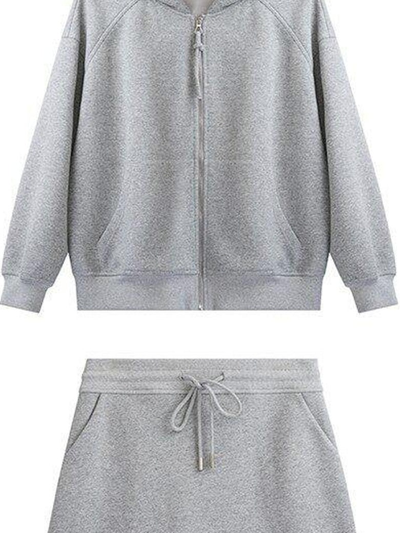 fano Hooded Zip Cotton Blend Loose Fit Minimalist Commuter Gray Top & Skirt Sets