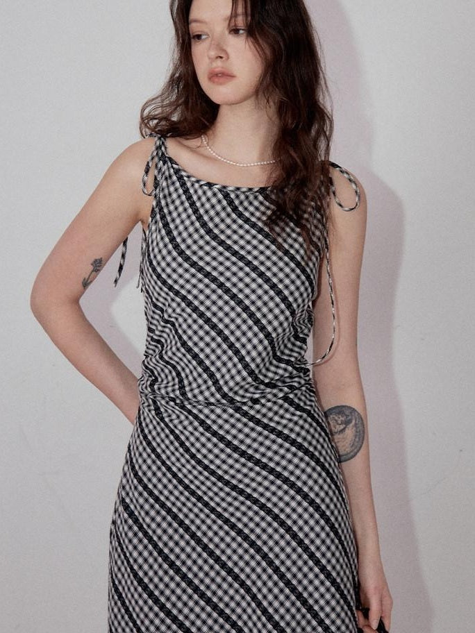 fano Plaid Waist Defining Korean Office A Line Round Neck Casual Women Maxi Dresses