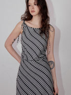 fano Plaid Waist Defining Korean Office A Line Round Neck Casual Women Maxi Dresses