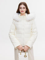 ikyou 90% White Duck Down Warm Minimalist Slim Hooded Fur Collar Women Down Jackets