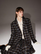 someone sometimes Original Design Plaid V-neck Long Sleeve Polyester Office Chic Top & Skirt Sets