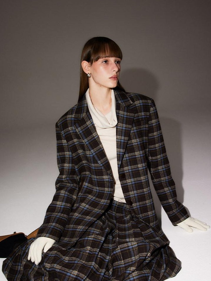 someone sometimes Original Design Plaid V-neck Long Sleeve Polyester Office Chic Top & Skirt Sets
