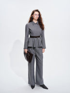 audreyyang Shape Retaining Cinched Waist Herringbone Lapel Women Wool Blend Cropped Jackets