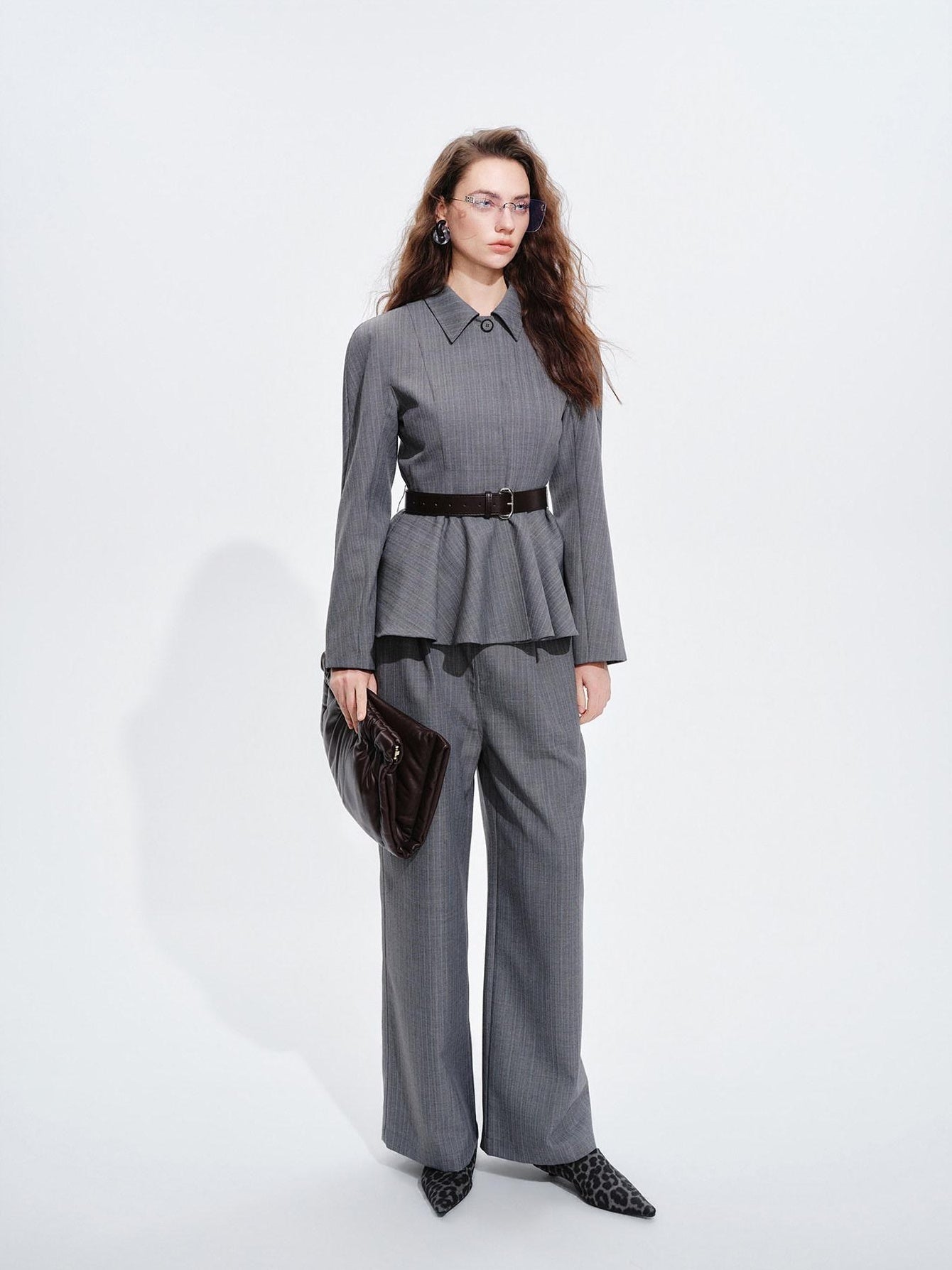 audreyyang Shape Retaining Cinched Waist Herringbone Lapel Women Wool Blend Cropped Jackets