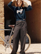 fano Wool Blend Plaid Relaxed Natural Waist Elastic Pocket Women Straight Pants