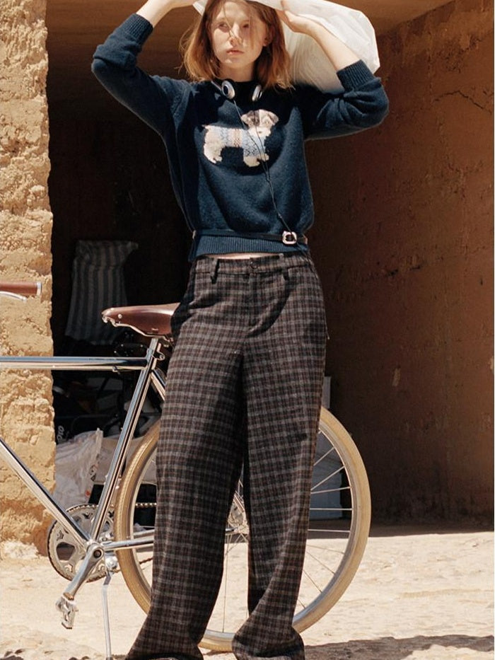 fano Wool Blend Plaid Relaxed Natural Waist Elastic Pocket Women Straight Pants