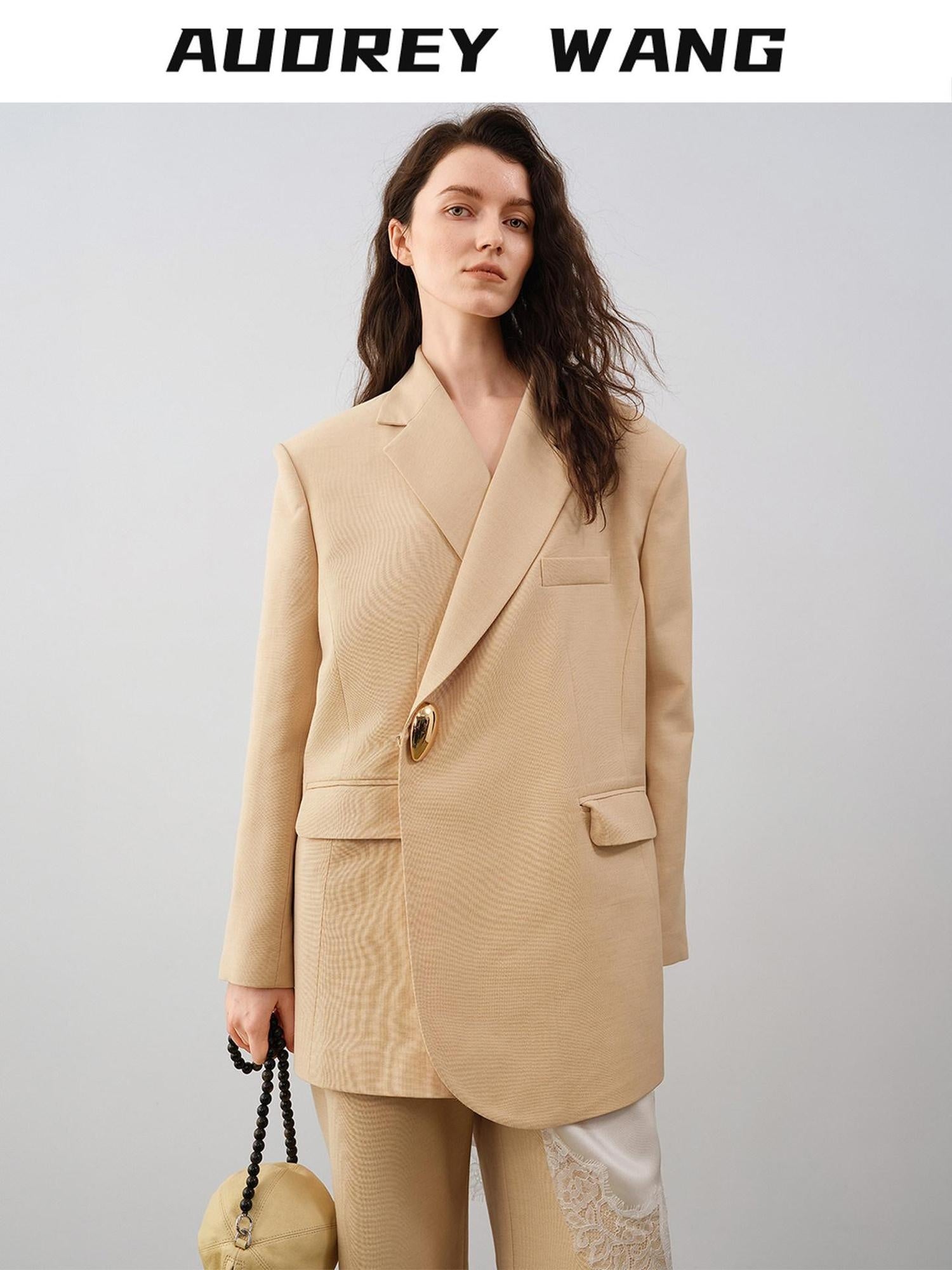 audreyyang Oversized Wool Single Button Notch Lapel Long Sleeve Women Cream Black Blazers