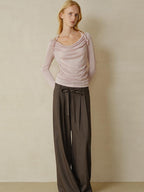 someonesometimes Lyocell Blend Slim Ruched Bell Sleeve Mauve Drape Neck Long Sleeve T-Shirts
