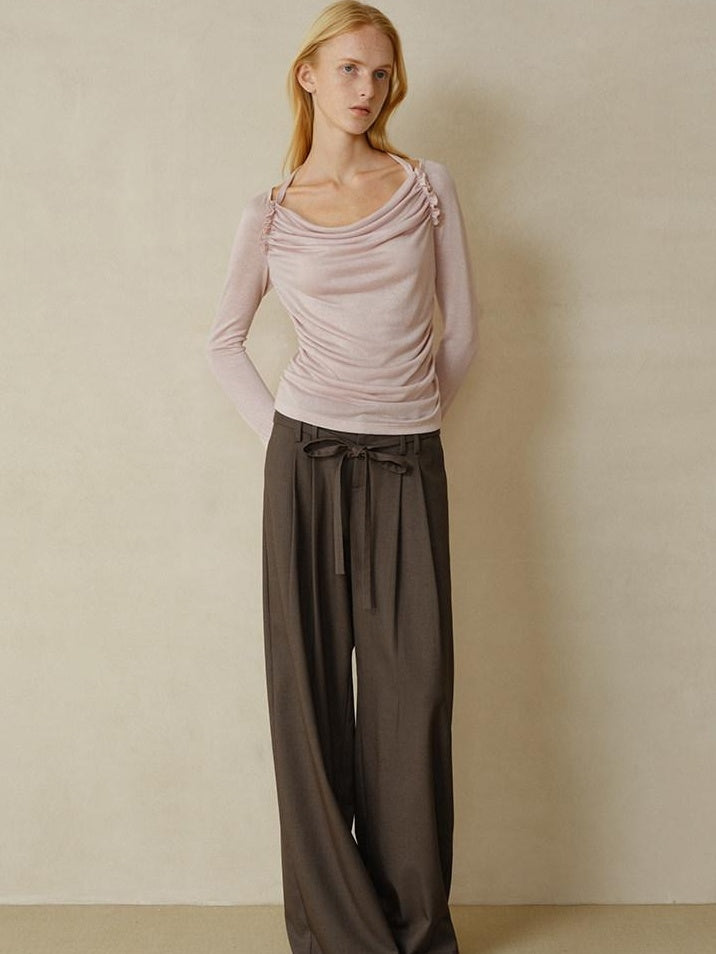 someonesometimes Lyocell Blend Slim Ruched Bell Sleeve Mauve Drape Neck Long Sleeve T-Shirts