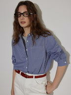 Lofi choose Flattering Plaid Minimal Collared Loose Long Sleeve Button Women Blue Shirts