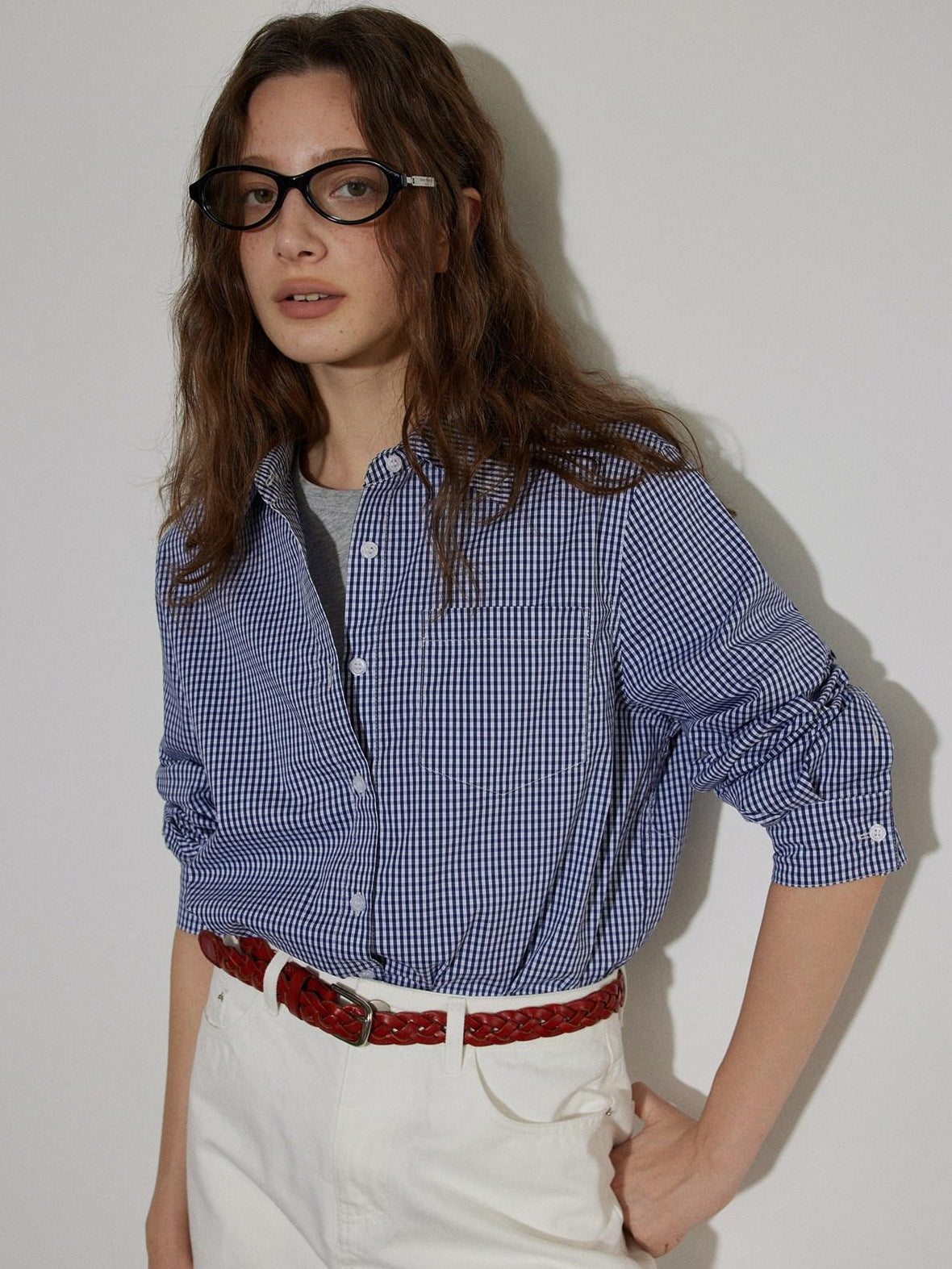 Lofi choose Flattering Plaid Minimal Collared Loose Long Sleeve Button Women Blue Shirts