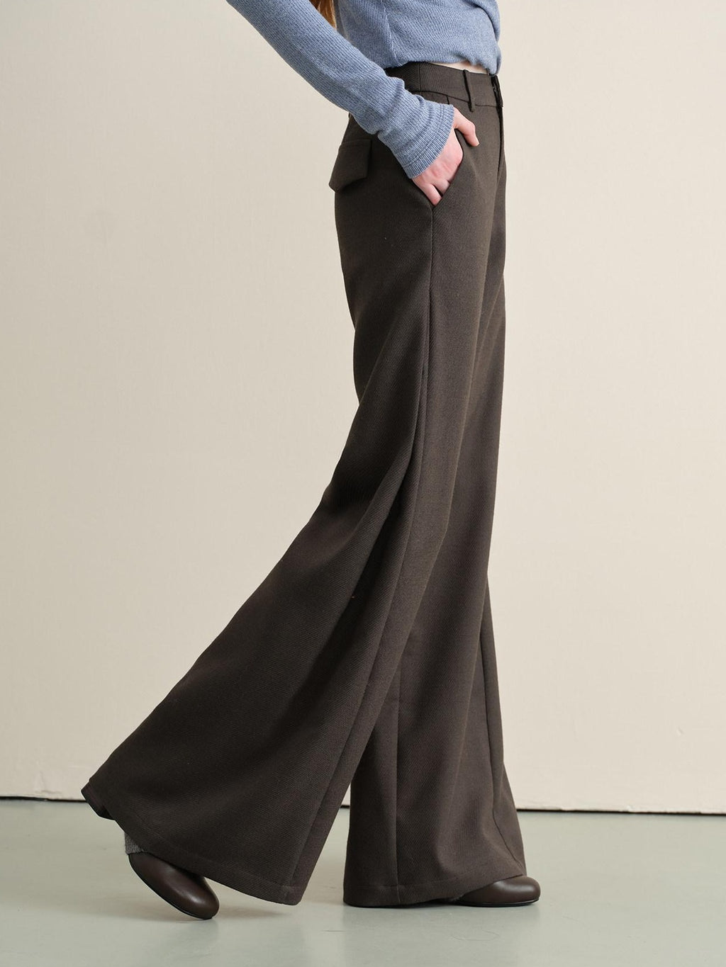 Stretch Knit Olive Gray Micro Flare Casual High Waist Women Flared Pants