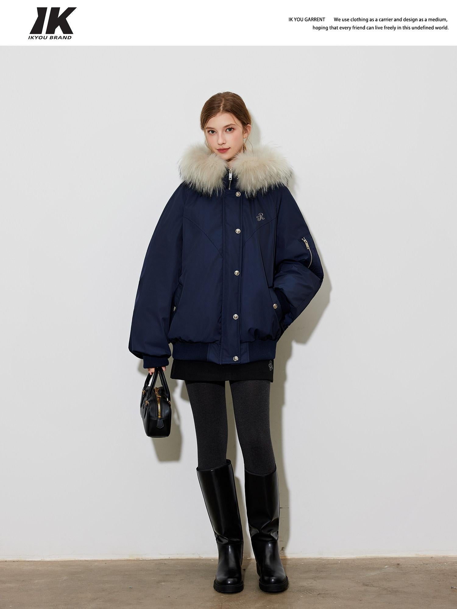 ikyou 90 Percent White Duck Down Oversized Korean Hooded Fur Collar Navy Down Jackets