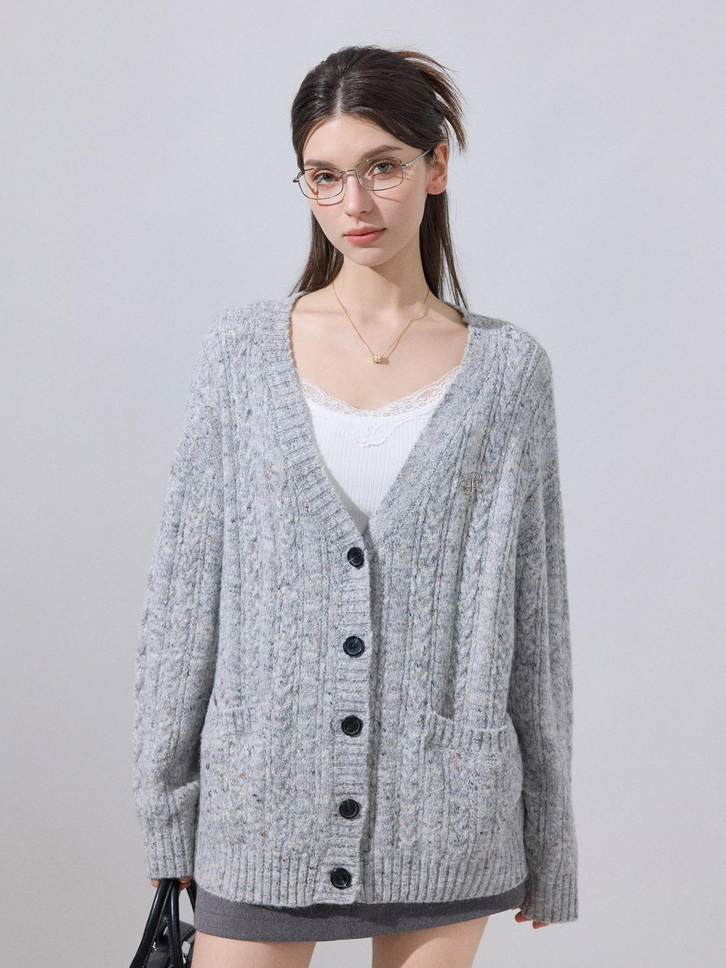 ikyou Soft Breathable Slouchy Loose V-neck Long Sleeve Gray Knit Casual Women Cardigans