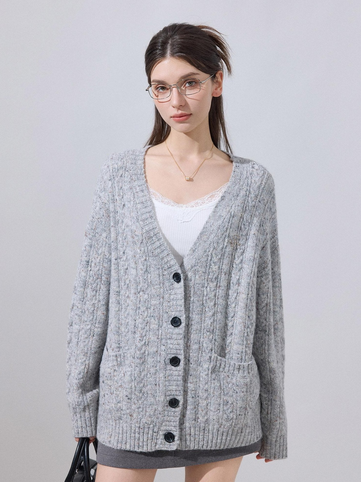ikyou Soft Breathable Slouchy Loose V-neck Long Sleeve Gray Knit Casual Women Cardigans