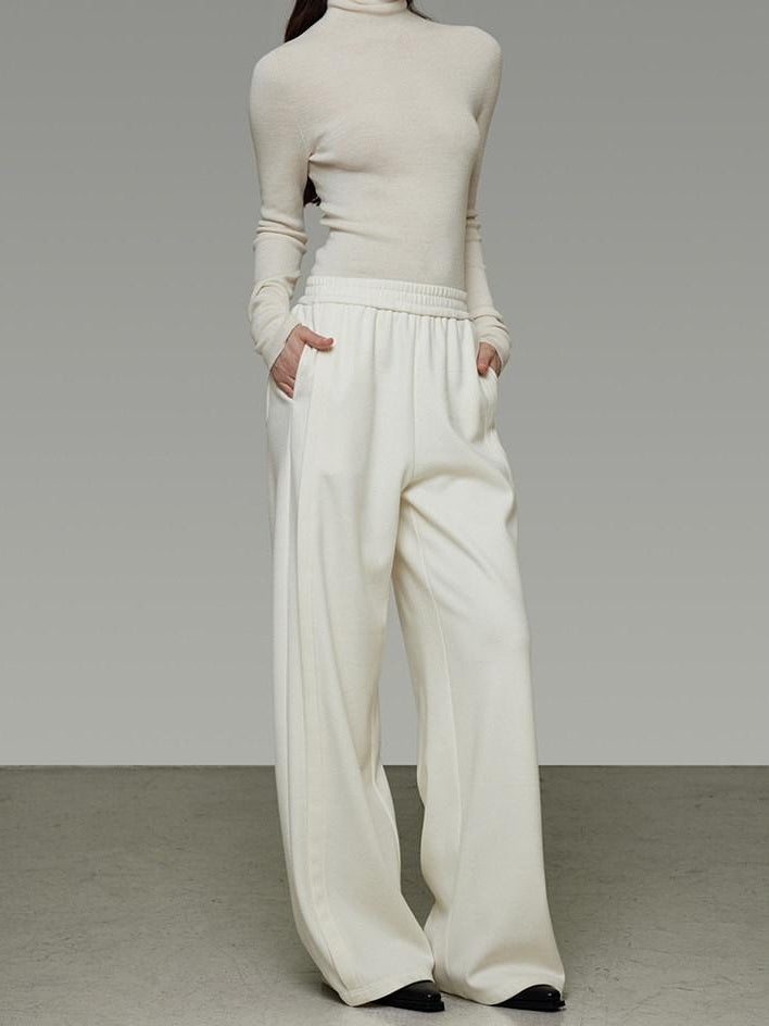 unspoken Comfort Elastic Natural Waist Minimal Solid White Polyester Blend Wide Leg Pants