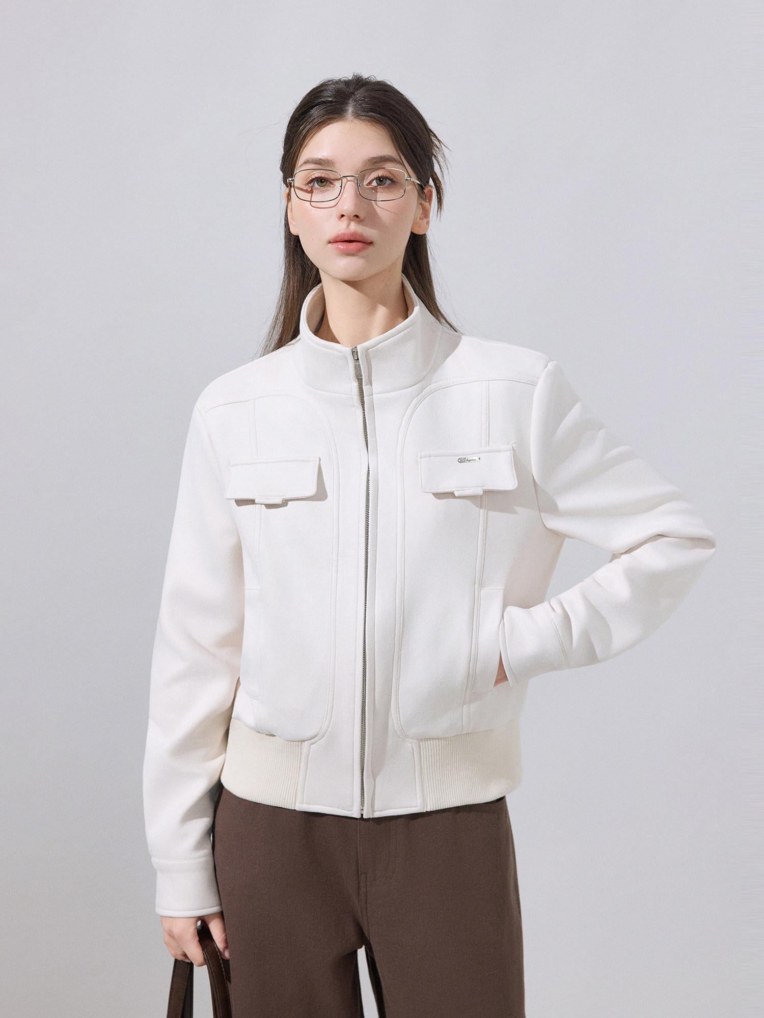 ikyou Stretch Pu Cropped Stand Collar Zipper Casual Women Cream Leather Jackets