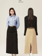 ikyou High Waist Embroidered A Line Minimal Office Midi Khaki Black Maxi Skirts