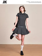 ikyou Embroidered 100 Percent Cotton Polo A Line Short Sleeve Gray Midi Dresses