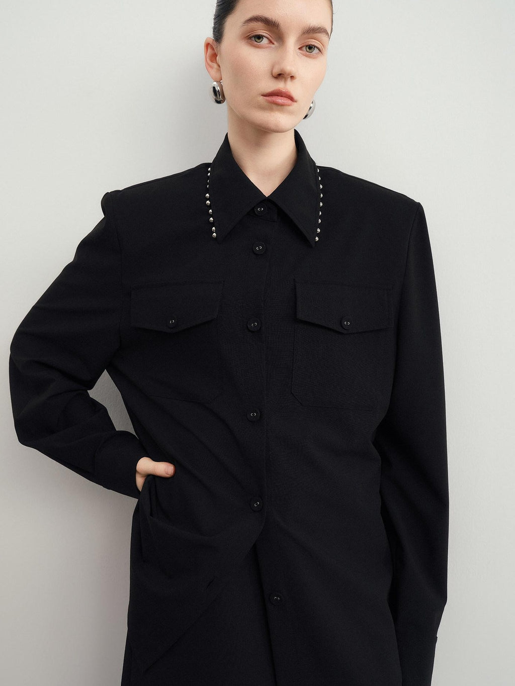 Original Loose Lapel Long Sleeve Open Front Patch Pocket Women Solid Blouses