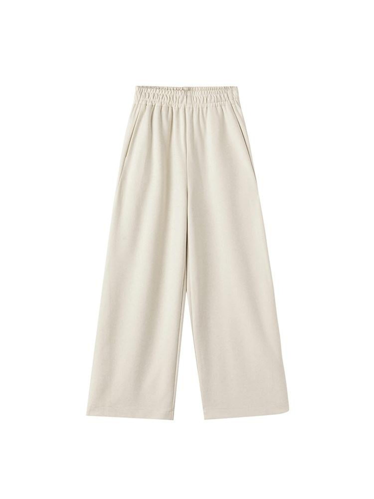 ikyou Wrinkle Resistant Asymmetric High Waist Loose Straight Commuter Beige Sweatpants