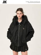 ikyou Insulated Fur Trim Hood Minimalist Straight Cut Urban Warm Nylon Puffer Jackets