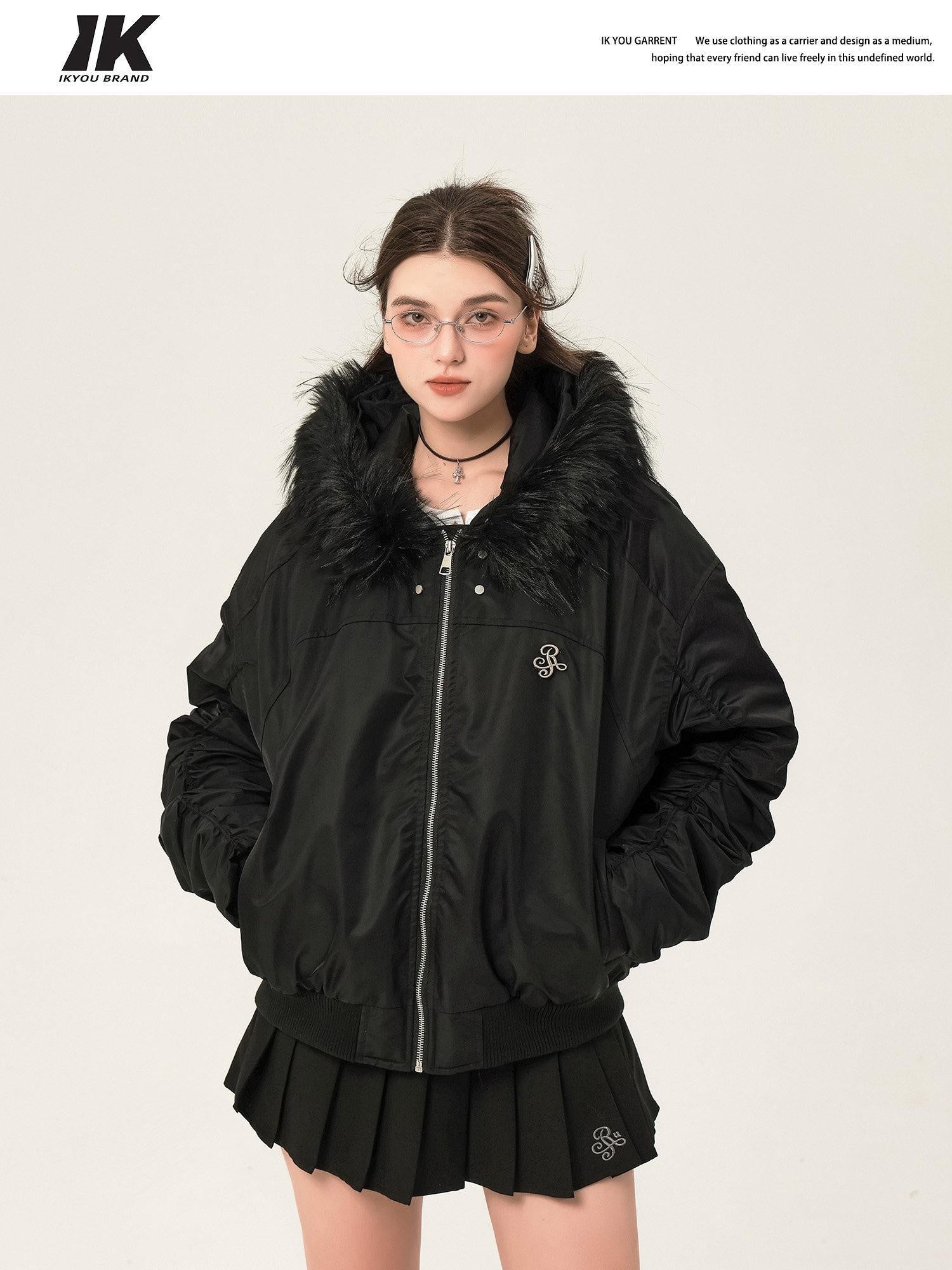 ikyou Insulated Fur Trim Hood Minimalist Straight Cut Urban Warm Nylon Puffer Jackets