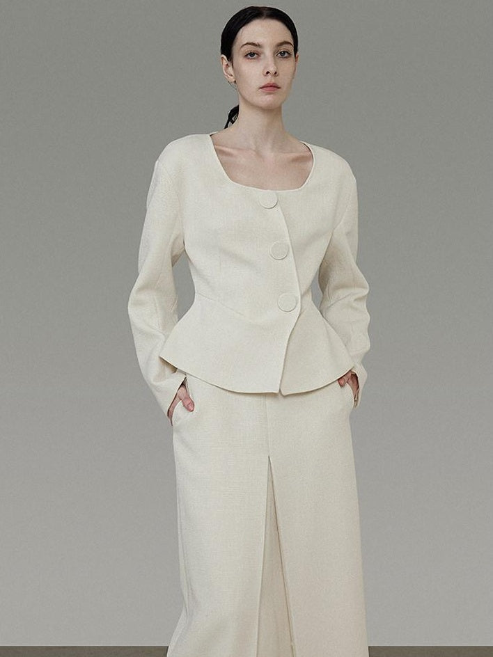 unspoken Slim Office Button Front Long Sleeve Cream Polyester Women Top & Skirt Sets