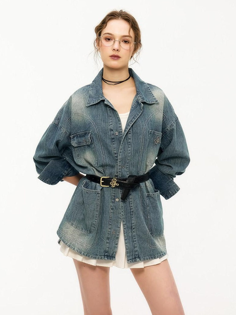 ikyou Shape Retaining Vintage Loose 3D Detail Women Midlength Blue Denim Jackets