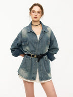 ikyou Shape Retaining Vintage Loose 3D Detail Women Midlength Blue Denim Jackets