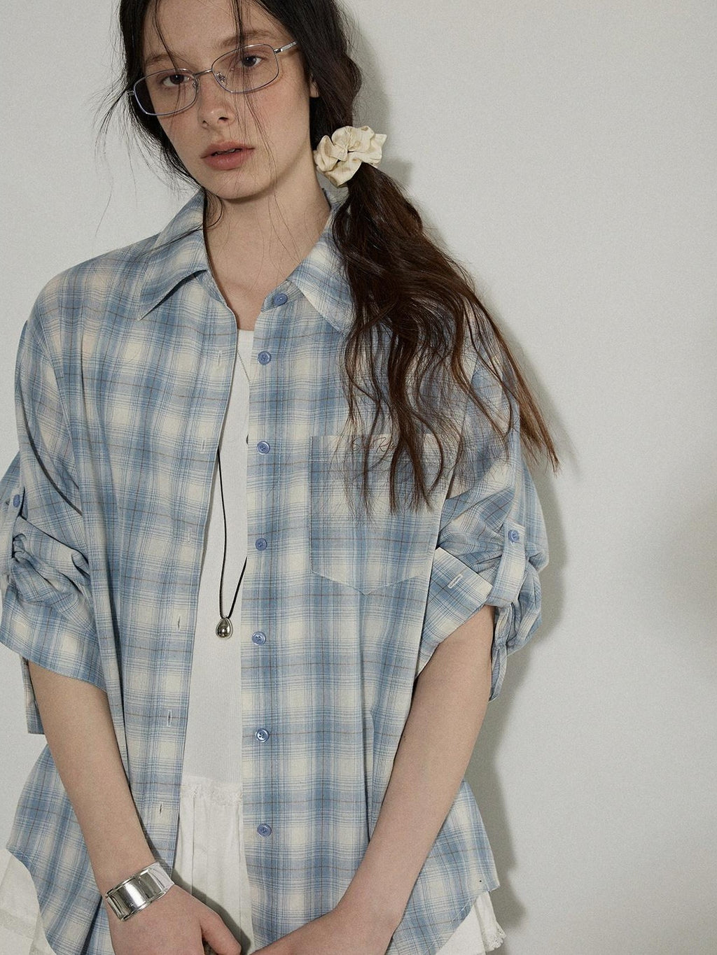Lofi choose Pure Cotton Colorblock Plaid Embroidered Loose Commuter Office Women Shirts