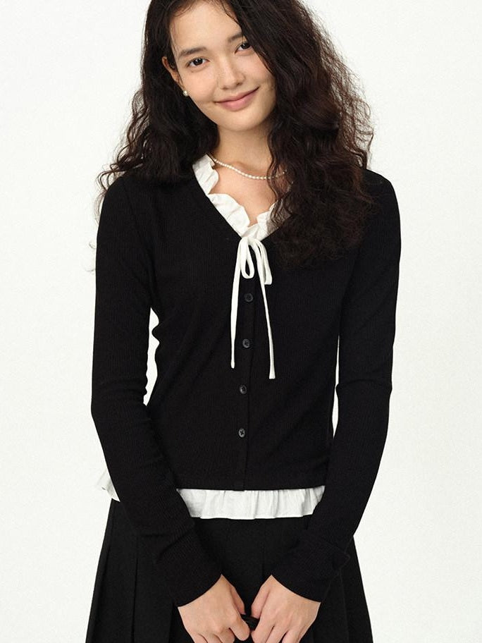 fano Stretch Viscose Slim Fit Embroidered V-neck Workwear Black Long Sleeve Cardigans