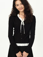 fano Stretch Viscose Slim Fit Embroidered V-neck Workwear Black Long Sleeve Cardigans