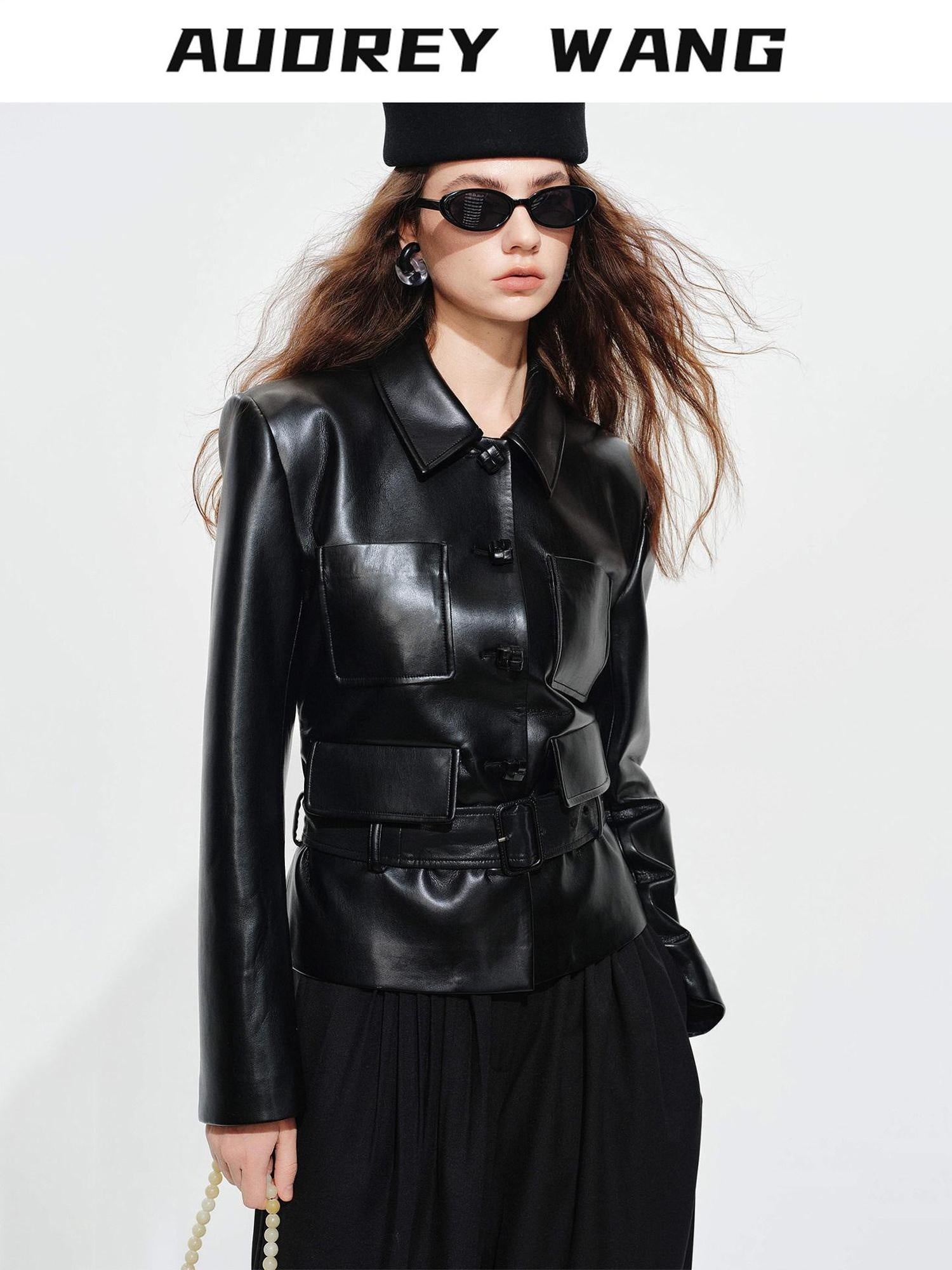 audreyyang Belted Lambskin Slim Fit Short Lapel Long Sleeve Black Genuine Leather Jackets