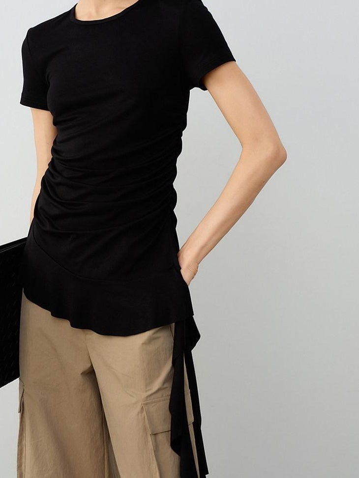 audreyyang Modal Cotton Ruched Commuter Slim Round Neck Womens Black Short Sleeve T-Shirts