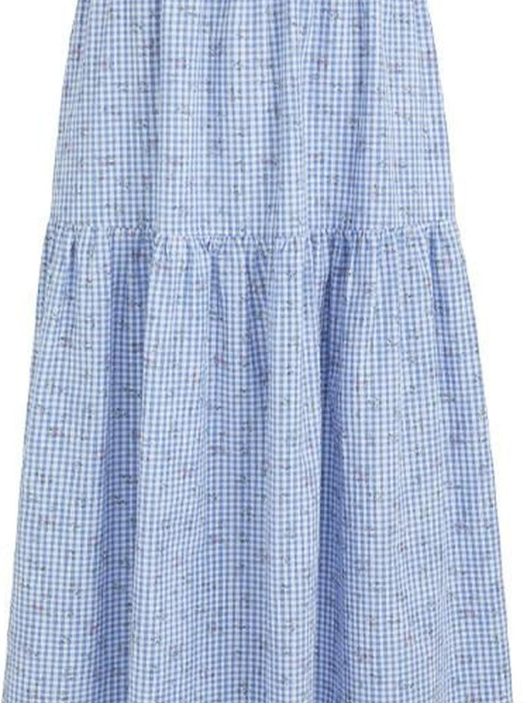 fano Lined 100% Cotton A Line Mid Waist Loose Fit Women Floral Blue Check Maxi Skirts